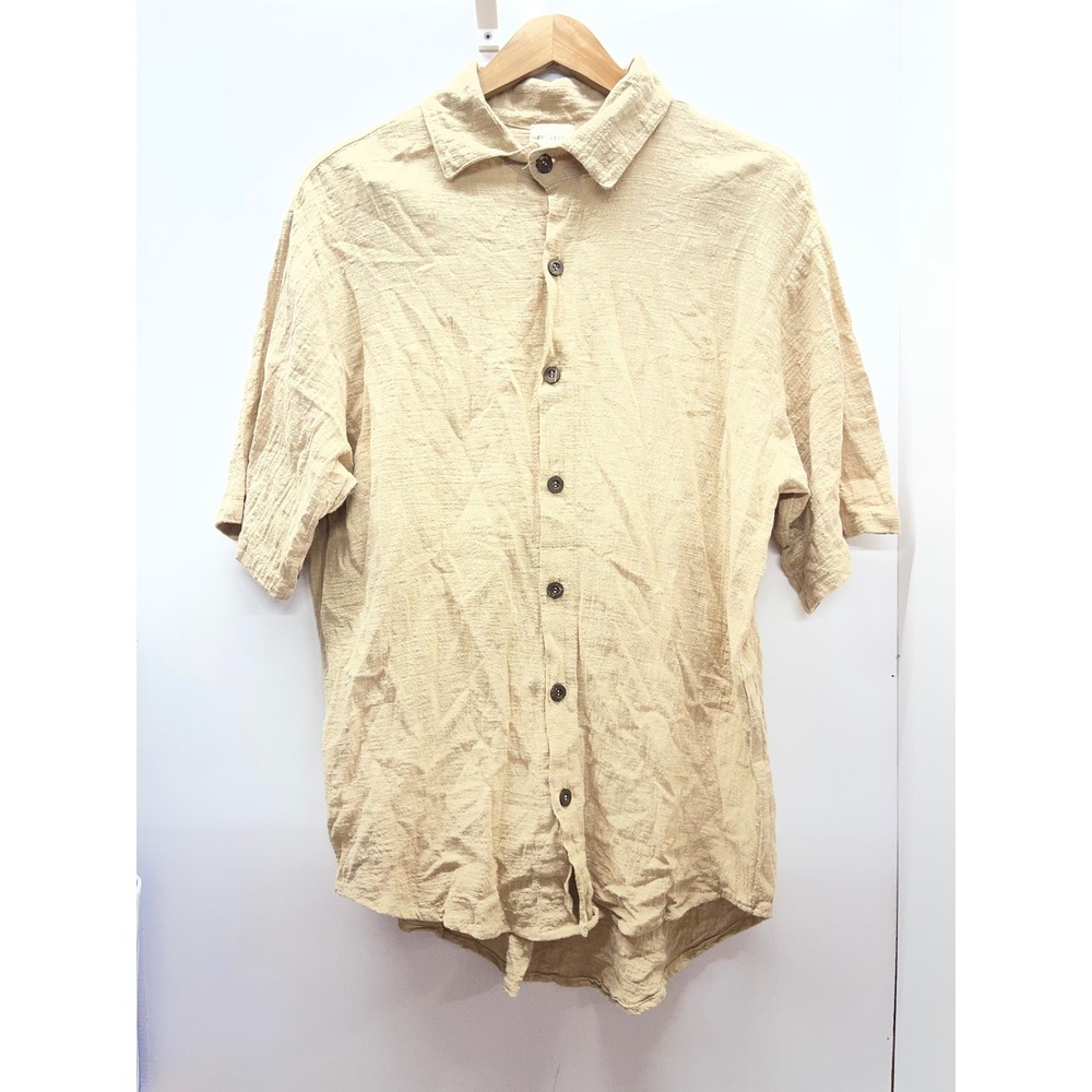Porque Mens Short Sleeve Button Down Shirt Tan Beige Textured Slub Linen Blend